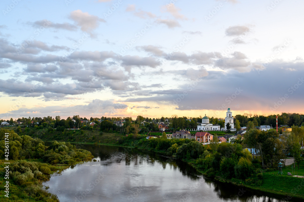 View of the Volga River, the Krasnoarmeyskaya side of the city and the Cathedral of the Okovetskaya Icon of the Mother of God, Rzhev, Tver region, Russian Federation, September 19, 2020