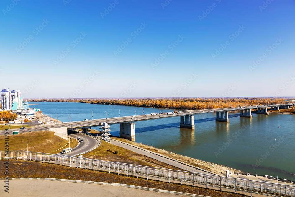 Bridge over the Ob river and the city embankment. Barnaul