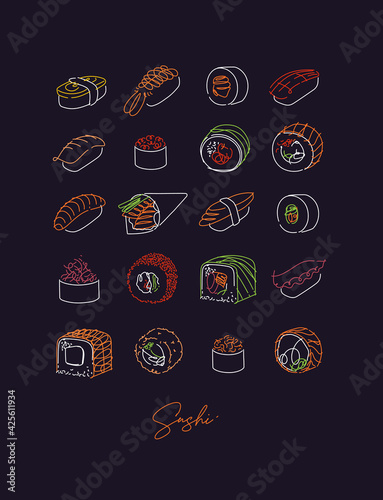 Poster sushi type set line style neon black
