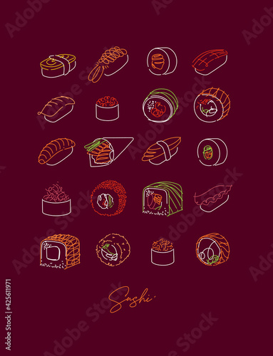 Poster sushi type set line style neon burgundy color