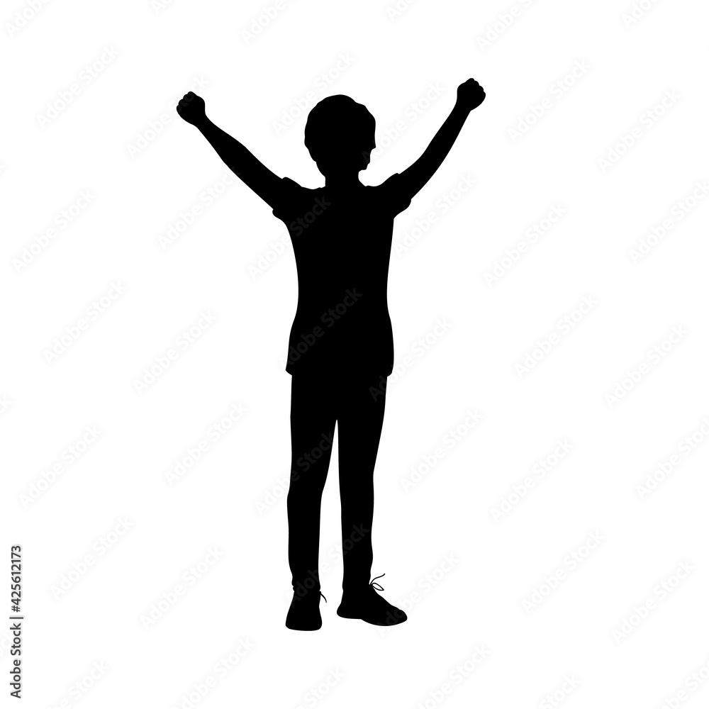 Silhouette boy with raised fists success victory Silhouette boy with raised fists success victory