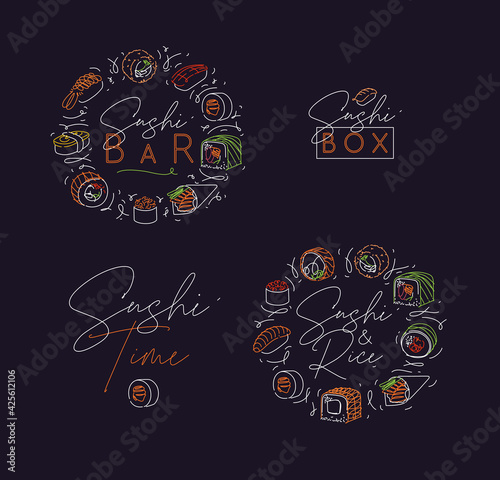 Sushi labels line style neon dark