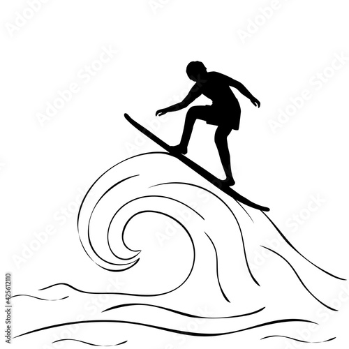 Silhouette young man surfing wave