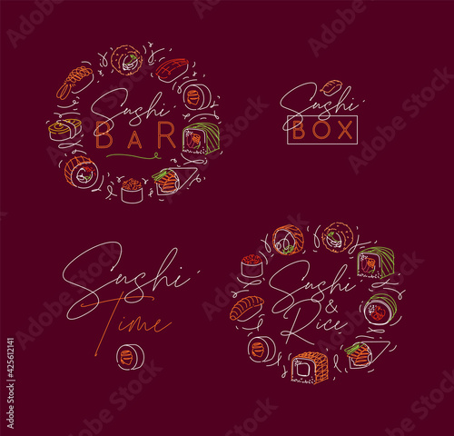 Sushi labels line style neon burgundy color