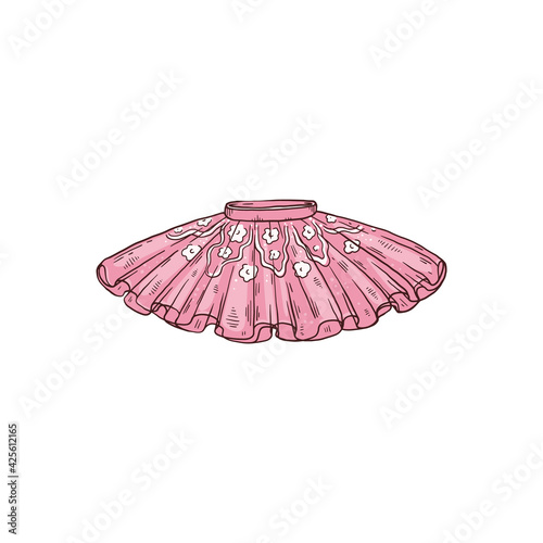 Pink ballet tutu skirt with embroidery, sketch vector illustration isolated.