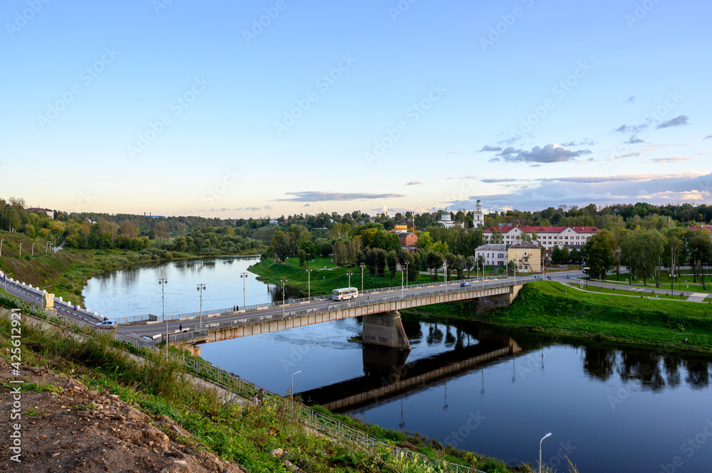 View of the Volga River, Old Bridge and Krasnoarmeiskaya Embankment, Rzhev, Tver region, Russian Federation, September 19, 2020