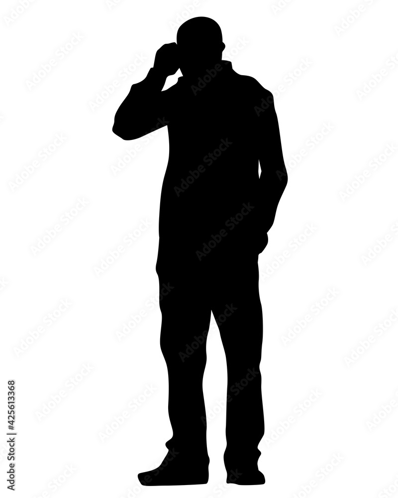 Man in a business suit is talking on a cell phone. Isolated silhouettes on a white background Man in a business suit is talking on a cell phone. Isolated silhouettes on a white background