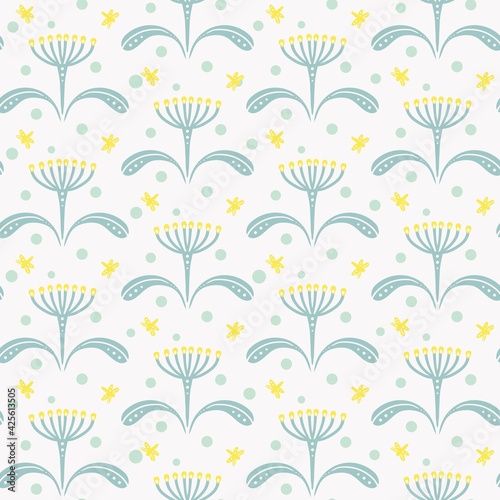 delicate seamless pattern of light yellow flowers with umbrella inflorescences and moths on white background