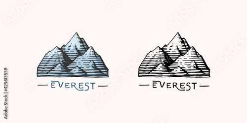 Mountain peaks emblem. Engraved vintage, hand drawn, old, label or badges for camping, hiking, hunting logo, from south to north.