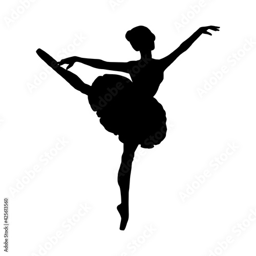 Black silhouette of dancing ballerina flat vector illustration isolated.