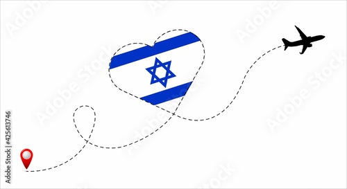 Airplane flight route with the Israel flag inside the heart. Travel to your beloved country. Vector illustration.