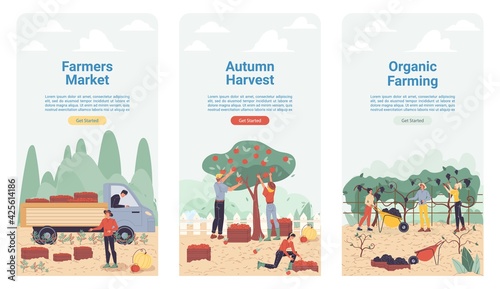 Vector cartoon flat farmer characters harvesting,workers harvest vegetables,fruits,load them on truck-natural,organic farming,agriculture concept.Set of web online landing page templates site design