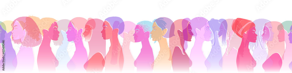 Group of diverse young people, female equality, different culture. Calm or smiling women, colorful sketch vector illustration, abstract concept. Group of diverse young people, female equality, different culture. Calm or smiling women, colorful sketch vector illustration, abstract concept.