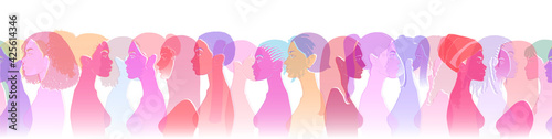 Group of diverse young people, female equality, different culture. Calm or smiling women, colorful sketch vector illustration, abstract concept.	
