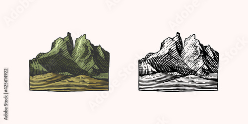 Mountain peaks emblem. Engraved vintage, hand drawn, old, label or badges for camping, hiking, hunting logo, from south to north.