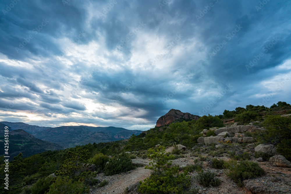 Sunset over the mountains next to the town La Pobla de Segur.