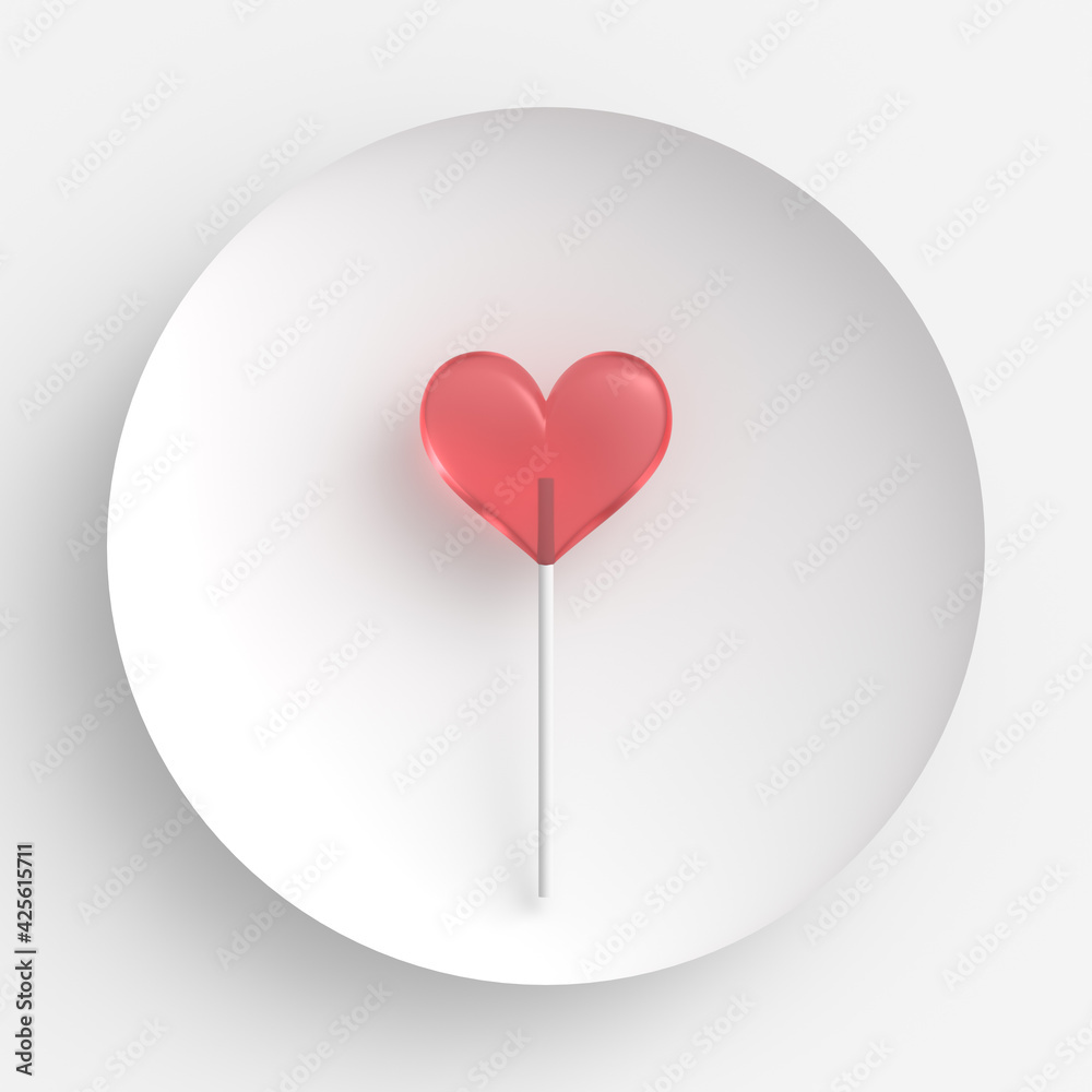 Red heart candy on stick with minimal white background, top view. 3D Rendering.