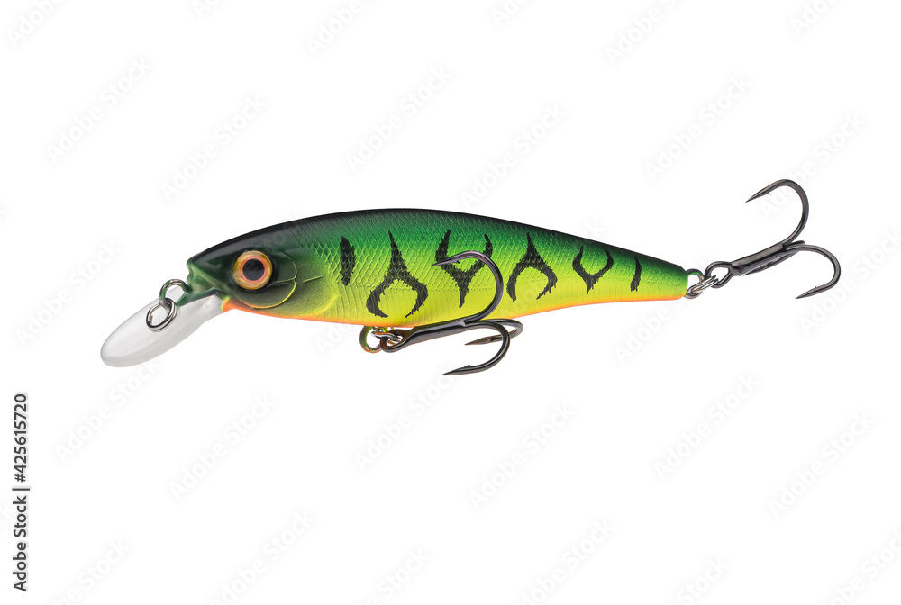 Wobbler with hooks for fishing as bait for fish, which is used for spinning. Fishing tackle for a fisherman.