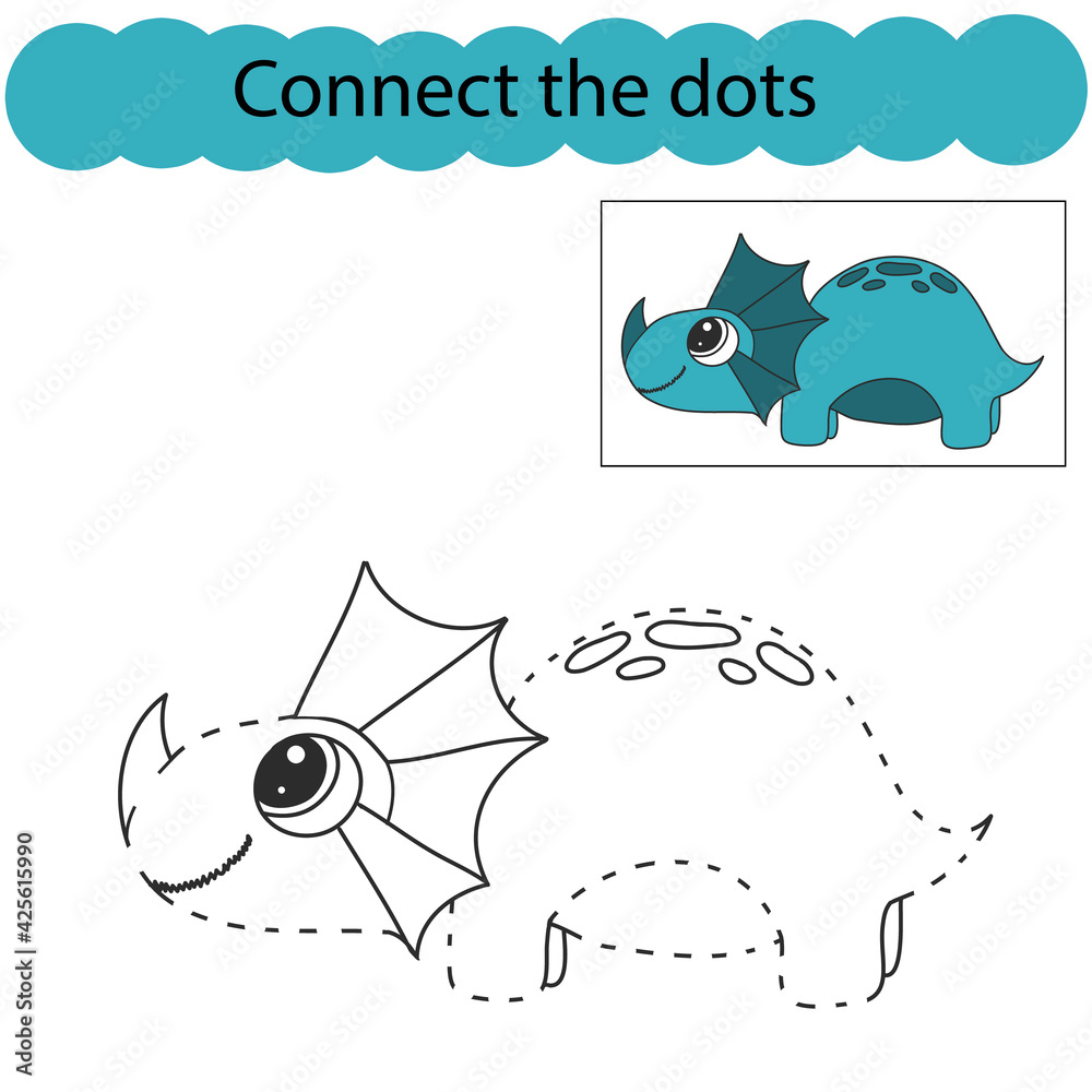 Set connect the dots and draw an dinosaur from a cartoon. Dino world ...