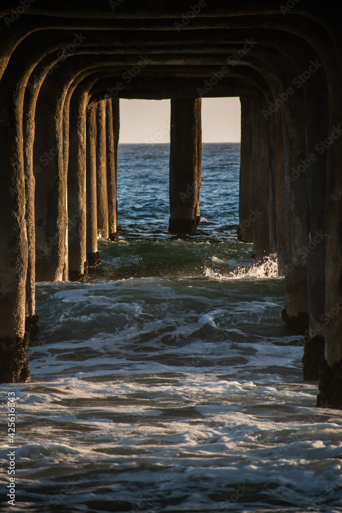 Waves crash against Manhattan Beach pier