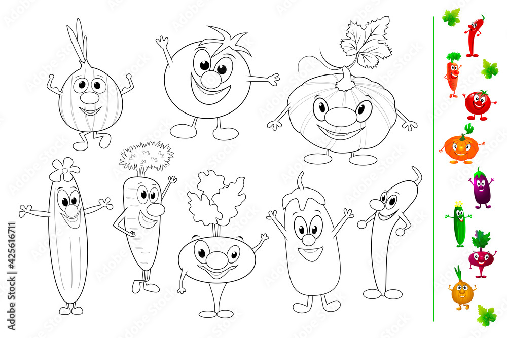 Funny vegetables coloring book. Set of various funny cartoon vegetables for coloring. Creative leisure for young children