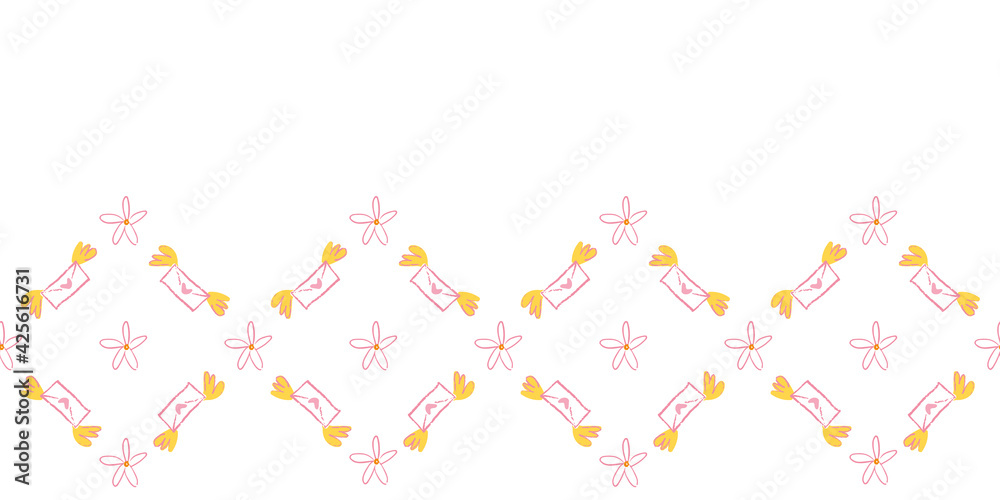 Valentine Love Letter Envelope Wings Flower Petals Frame Border Seamless Pattern