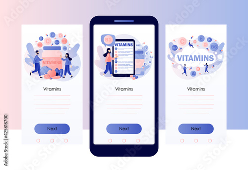 Vitamins complex. Multi vitamin supplement, vitamin A, group B B1, B2, B6, B12, C, D, E, K. Tiny people and healthy nutrition. Screen template for mobile smart phone. Modern flat cartoon style. Vector