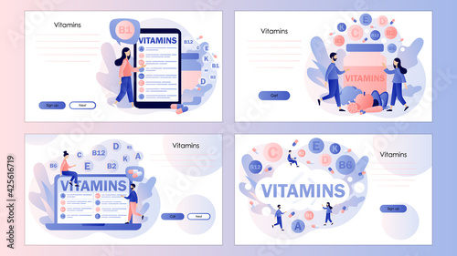 Vitamins complex. Multi vitamin supplement, vitamin A, group B B1, B2, B6, B12, C, D, E, K. Screen template for landing page, template, ui, web, mobile app, poster, banner, flyer. Vector illustration