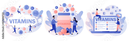Vitamins complex. Multi vitamin supplement, vitamin A, group B B1, B2, B6, B12, C, D, E, K. Tiny people and healthy nutrition.Modern flat cartoon style. Vector illustration on white background