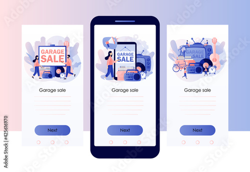 Garage sale. Flea market online.Yard sale. Tiny sellers and customers. Vintage goods or rag fair. Bazaar. Screen template for mobile smart phone. Modern flat cartoon style. Vector illustration