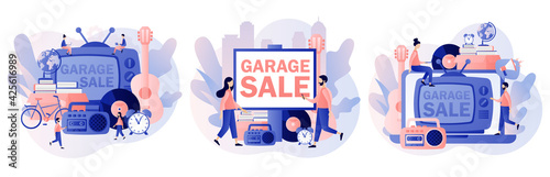 Garage sale. Flea market online.Yard sale. Tiny sellers and customers. Vintage goods or rag fair. Bazaar. Modern flat cartoon style. Vector illustration on white background