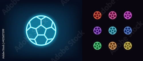 Neon soccer ball icon. Glowing neon football sign, outline ball silhouette