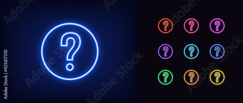 Neon question mark icon. Glowing neon question sign, outline query silhouette