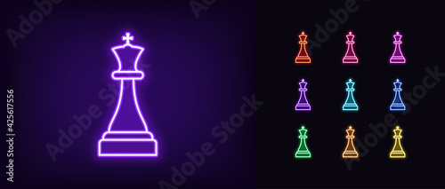 Neon chessmen king icon. Glowing neon king sign, outline chess piece, silhouette