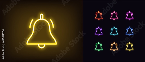 Neon bell icon. Glowing neon bell sign, outline notification pictogram