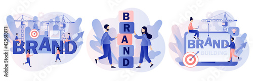 Brand. Tiny people building brand, working on branding. Corporate identity. Company development. Self-positioning, individual brand strategy. Modern flat cartoon style. Vector illustration 
