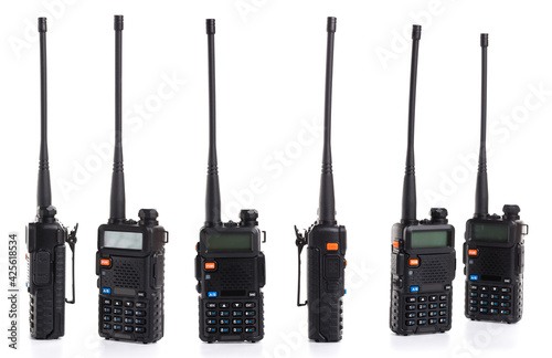 set collage of several black walkie-talkie radio communication device isolated on white background