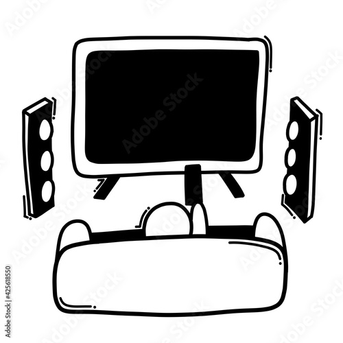 home theatre doodle vector icon. Drawing sketch illustration hand drawn line eps10