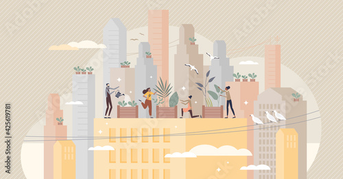City gardening and plants agriculture on urban rooftops tiny person concept