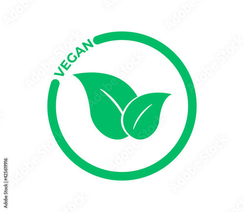 Vegan vector icon. Organic, bio, eco symbol. Vegan, no meat, lactose free, healthy, fresh and nonviolent food. Round green vector illustration with leaves for stickers, labels and logos