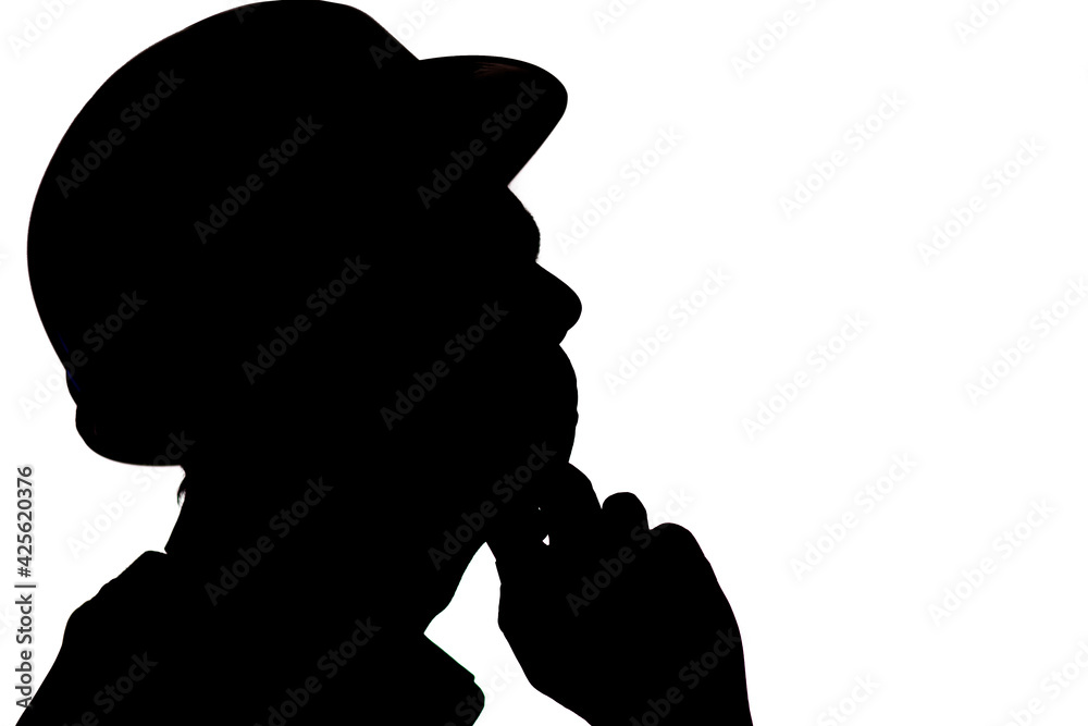 thinking engineer head, silhouette of construction worker in hard hat on white isolated background, male profession