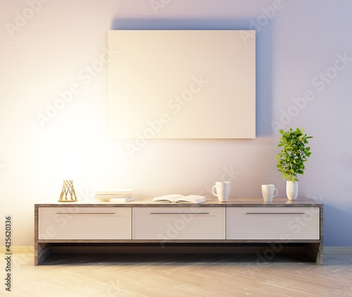 Empty white frame above console. Template for pictures and lettering. 3D rendering.