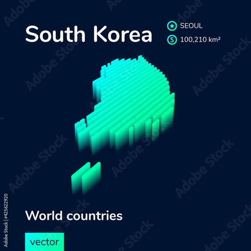 Stylized neon simple digital isometric striped vector 3d South Korea map. Map of South Korea  is in green, turquoise and mint colors on the dark blue background photo