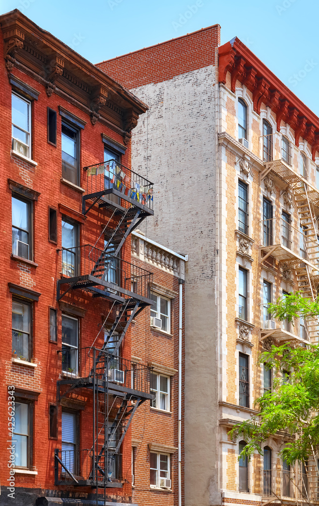 Picture of old buildings with fire escapes, New York City, USA.