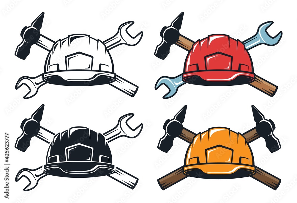 Hard hat crossed hammer and spanner - retro emblem. Work helmet and tools -Vintage industral logo. Vector illustration.