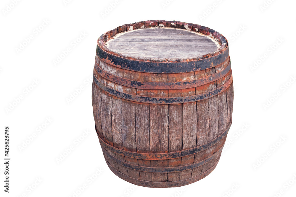 Old rusty wooden barrel isolated on white background Old rusty wooden barrel isolated on white background