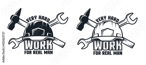 Industrial retro emblem with hard hat hammer and spanner. Work logo with helmet and tools. Vector illustration.