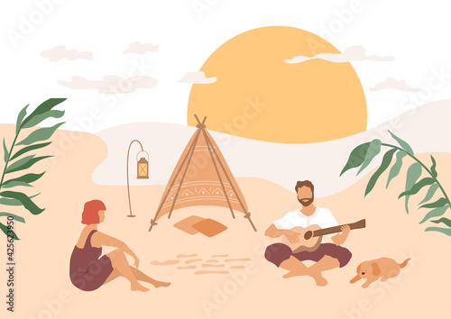 Summer illustration. Couple resting on the beach, playing guitar. Tropical vector scene with seaside, sunset. Abstract character, domestic dog with owner. Boho style hut with lantern, travel concept