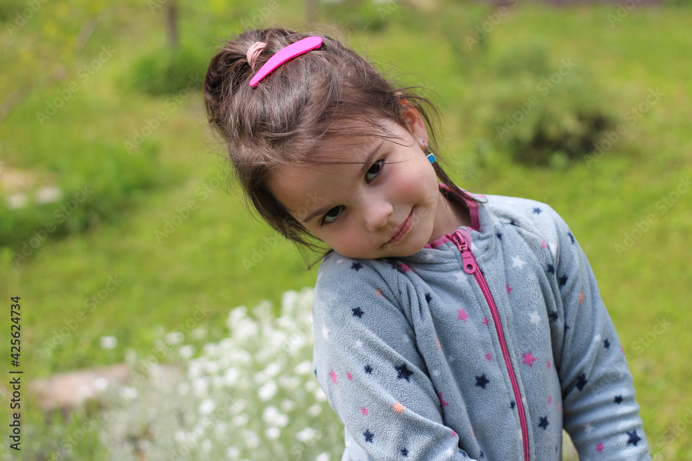 A little young girl in a gray sweater with a zipper and hair pinned up with a hairpin tilted her head to the side. Baby photo against the background of a green lawn and a blurred flower bed A little young girl in a gray sweater with a zipper and hair pinned up with a hairpin tilted her head to the side. Baby photo against the background of a green lawn and a blurred flower bed