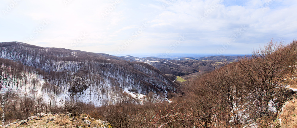 Panoramic View of the Nature Landscape. Winter day. Mountain range in eastern Serbia. Homolje Mountains Panoramic View of the Nature Landscape. Winter day. Mountain range in eastern Serbia. Homolje Mountains